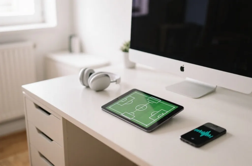 A person with headphones analyzing a soccer tactical layout on a tablet screen in a warm office
